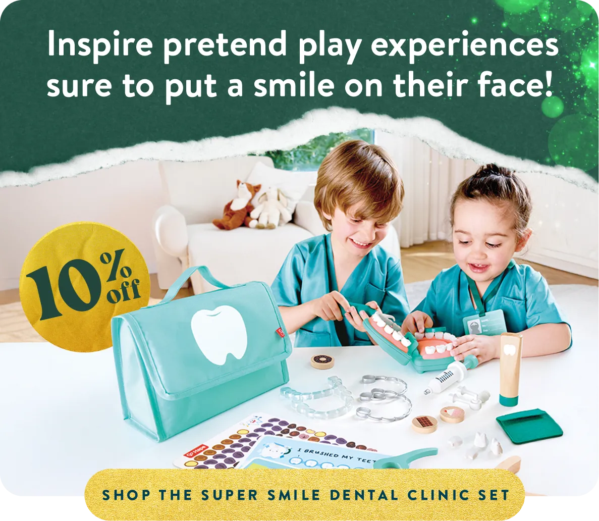 Inspire pretend play experiences sure to put a smile on their face! 10% off Super Smile Dental Clinic Set