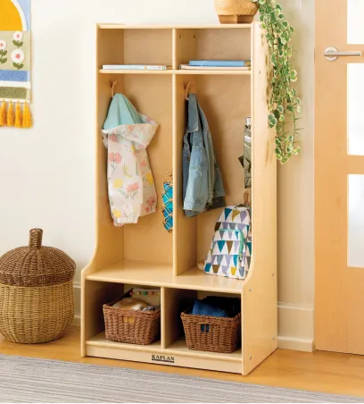 Two-unit locker with coats and bookbags