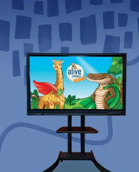 Large screen TV on a stand showing an illustration of a giraffe and crocodile with the Alive Studios logo in the center